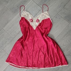 Vintage Wendy Ann Red Chemise Slip Dress Nightgown Floral Satin Lace Size Large